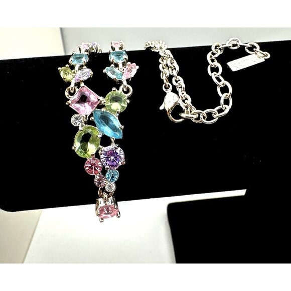 Elegant Vintage Napier Pastel Rhinestone Necklace Y Drop Signed Feminine Charm - Picture 2 of 11